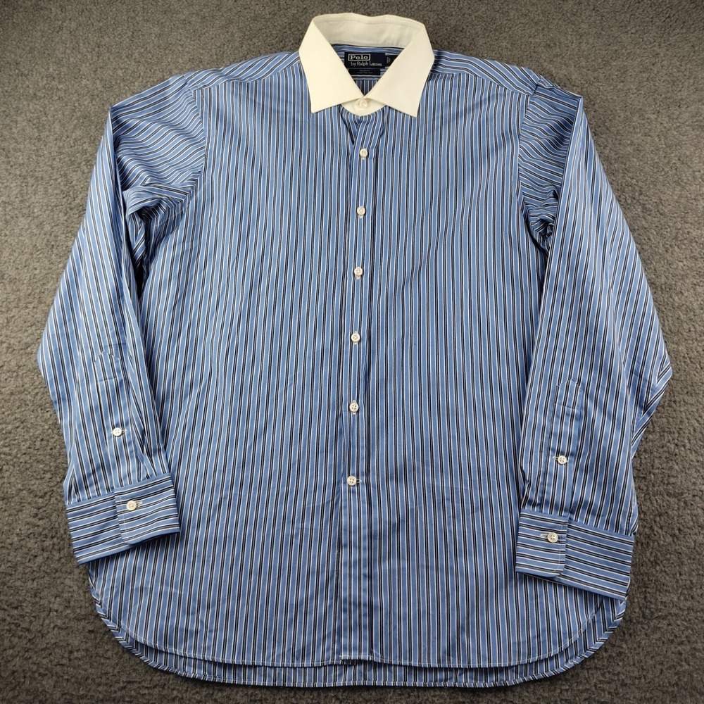 Polo Ralph Lauren Regent Custom Fit Striped Dress Shirt Sz L 17 Blue White Italy